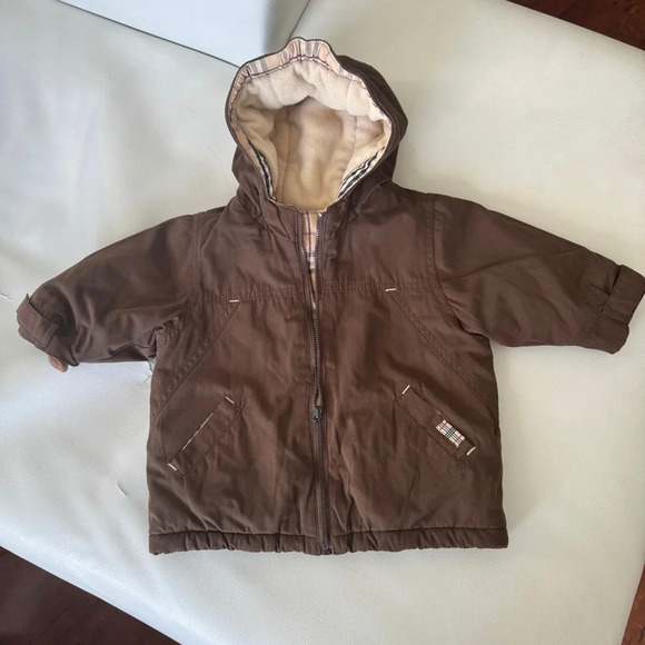 Vest jacket parka 3/6 months fleeced Burberry hood zip brown - Picture 1 of 4